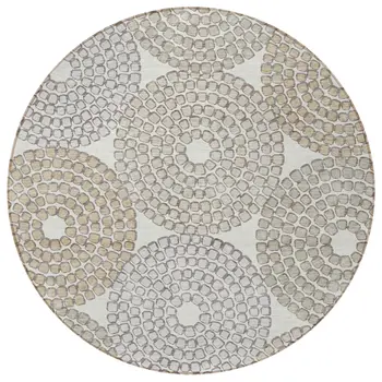 8' Ivory Brown And Gray Round Geometric Washable Indoor Outdoor Area Rug