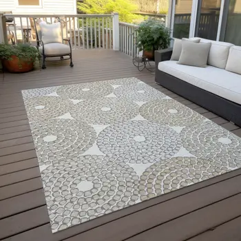 9' X 12' Ivory Brown And Gray Geometric Washable Indoor Outdoor Area Rug
