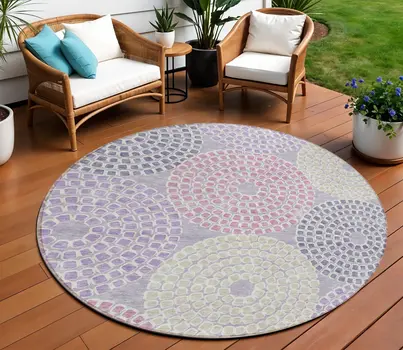 8' Lavender Purple And Gray Round Geometric Washable Indoor Outdoor Area Rug
