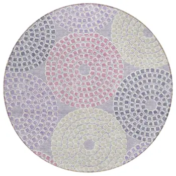 8' Lavender Purple And Gray Round Geometric Washable Indoor Outdoor Area Rug