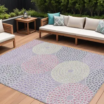 8' X 10' Lavender Purple And Gray Geometric Washable Indoor Outdoor Area Rug