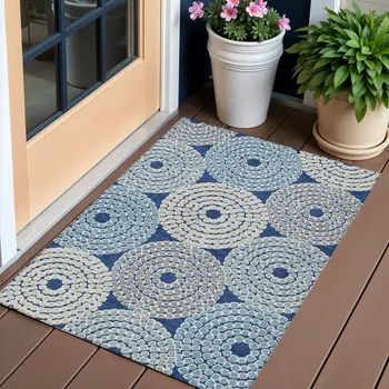 3' X 5' Navy Blue Gray And Aqua Geometric Washable Indoor Outdoor Area Rug
