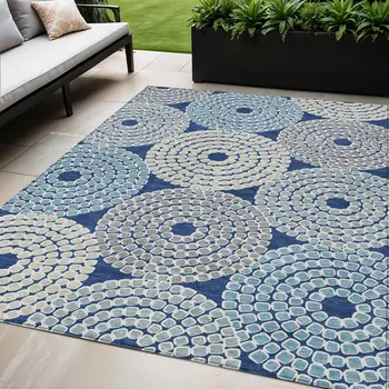 5' X 8' Navy Blue Gray And Aqua Geometric Washable Indoor Outdoor Area Rug