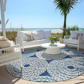 8' Navy Blue Gray And Aqua Round Geometric Washable Indoor Outdoor Area Rug