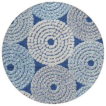 8' Navy Blue Gray And Aqua Round Geometric Washable Indoor Outdoor Area Rug