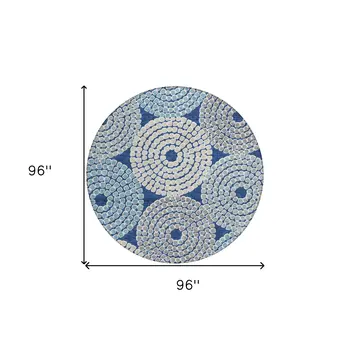 8' Navy Blue Gray And Aqua Round Geometric Washable Indoor Outdoor Area Rug