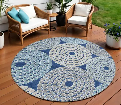 8' Navy Blue Gray And Aqua Round Geometric Washable Indoor Outdoor Area Rug