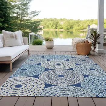 8' X 10' Navy Blue Gray And Aqua Geometric Washable Indoor Outdoor Area Rug