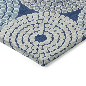 9' X 12' Navy Blue Gray And Aqua Geometric Washable Indoor Outdoor Area Rug