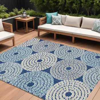 10' X 14' Navy Blue Gray And Aqua Geometric Washable Indoor Outdoor Area Rug