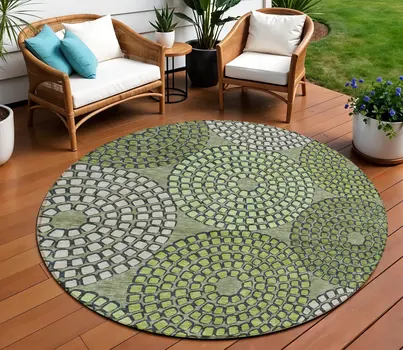 8' Olive Green And Beige Round Geometric Washable Indoor Outdoor Area Rug