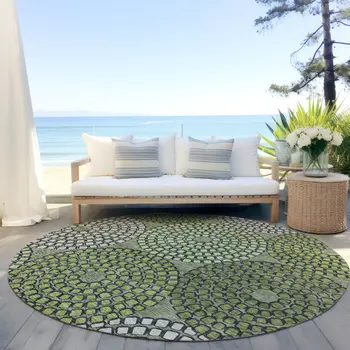 8' Olive Green And Beige Round Geometric Washable Indoor Outdoor Area Rug
