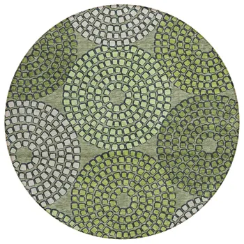 8' Olive Green And Beige Round Geometric Washable Indoor Outdoor Area Rug