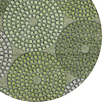 8' Olive Green And Beige Round Geometric Washable Indoor Outdoor Area Rug