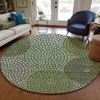 8' Olive Green And Beige Round Geometric Washable Indoor Outdoor Area Rug