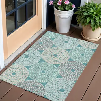 3' X 5' Teal Blue Beige And Gray Geometric Washable Indoor Outdoor Area Rug