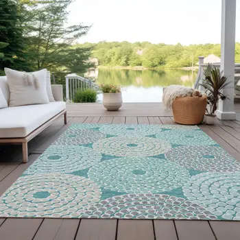 3' X 5' Teal Blue Beige And Gray Geometric Washable Indoor Outdoor Area Rug