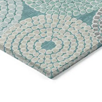 5' X 8' Teal Blue Beige And Gray Geometric Washable Indoor Outdoor Area Rug