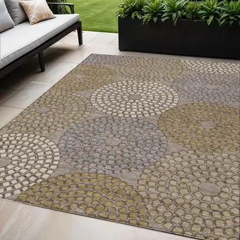 5' X 8' Taupe Beige And Green Geometric Washable Indoor Outdoor Area Rug