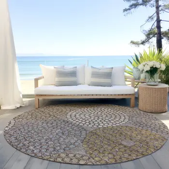 8' Taupe Beige And Green Round Geometric Washable Indoor Outdoor Area Rug
