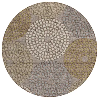 8' Taupe Beige And Green Round Geometric Washable Indoor Outdoor Area Rug