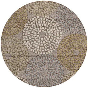 8' Taupe Beige And Green Round Geometric Washable Indoor Outdoor Area Rug