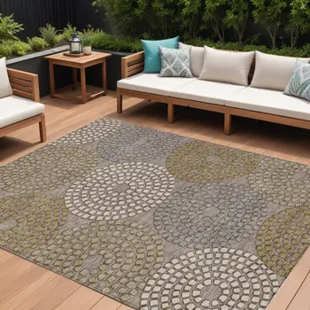 9' X 12' Taupe Beige And Green Geometric Washable Indoor Outdoor Area Rug