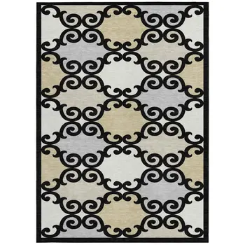 5' X 8' Black Gray And Ivory Trellis Washable Indoor Outdoor Area Rug