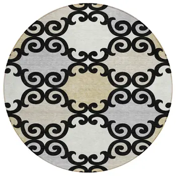 8' Black Gray And Ivory Round Trellis Washable Indoor Outdoor Area Rug