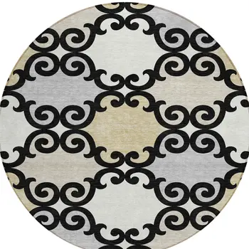 8' Black Gray And Ivory Round Trellis Washable Indoor Outdoor Area Rug