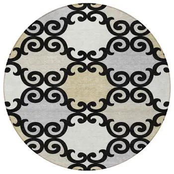 8' Black Gray And Ivory Round Trellis Washable Indoor Outdoor Area Rug