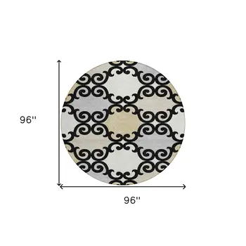 8' Black Gray And Ivory Round Trellis Washable Indoor Outdoor Area Rug