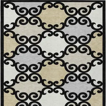 8' X 10' Black Gray And Ivory Trellis Washable Indoor Outdoor Area Rug