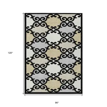 8' X 10' Black Gray And Ivory Trellis Washable Indoor Outdoor Area Rug