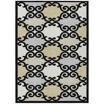 10' X 14' Black Gray And Ivory Trellis Washable Indoor Outdoor Area Rug