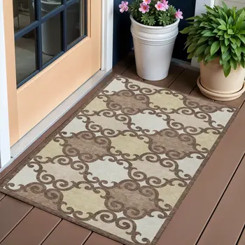 3' X 5' Brown And Beige Trellis Washable Indoor Outdoor Area Rug
