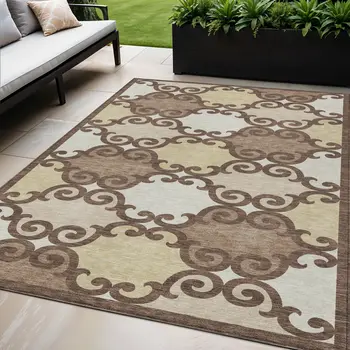 5' X 8' Brown And Beige Trellis Washable Indoor Outdoor Area Rug