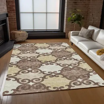 5' X 8' Brown And Beige Trellis Washable Indoor Outdoor Area Rug