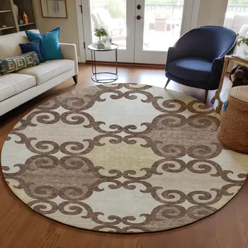 8' Brown And Beige Round Trellis Washable Indoor Outdoor Area Rug
