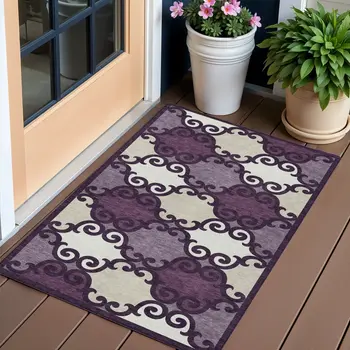 3' X 5' Eggplant And Ivory Trellis Washable Indoor Outdoor Area Rug