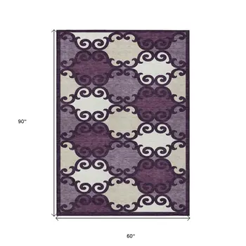 5' X 8' Eggplant And Ivory Trellis Washable Indoor Outdoor Area Rug