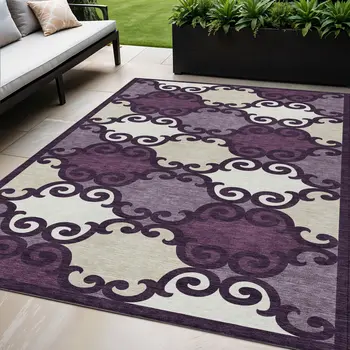 5' X 8' Eggplant And Ivory Trellis Washable Indoor Outdoor Area Rug