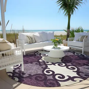 8' Eggplant And Ivory Round Trellis Washable Indoor Outdoor Area Rug