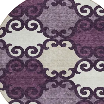 8' Eggplant And Ivory Round Trellis Washable Indoor Outdoor Area Rug