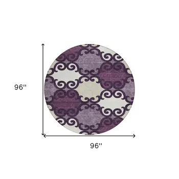 8' Eggplant And Ivory Round Trellis Washable Indoor Outdoor Area Rug