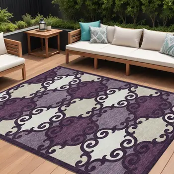 10' X 14' Eggplant And Ivory Trellis Washable Indoor Outdoor Area Rug