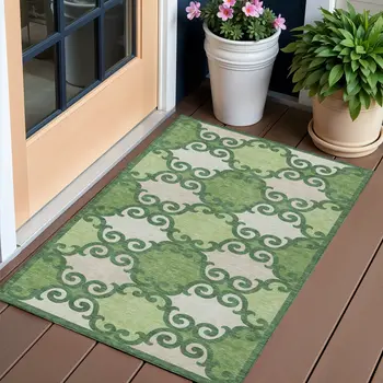 3' X 5' Green And Ivory Trellis Washable Indoor Outdoor Area Rug