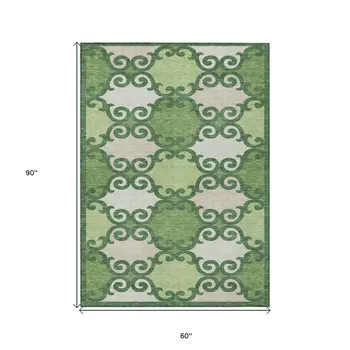 5' X 8' Green And Ivory Trellis Washable Indoor Outdoor Area Rug