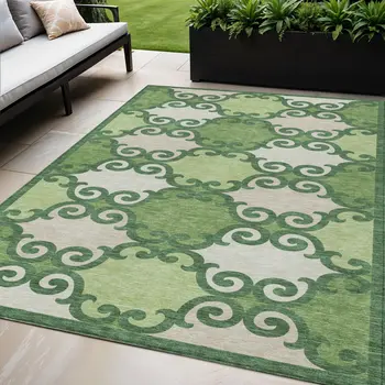 5' X 8' Green And Ivory Trellis Washable Indoor Outdoor Area Rug