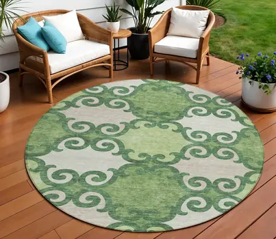 8' Green And Ivory Round Trellis Washable Indoor Outdoor Area Rug
